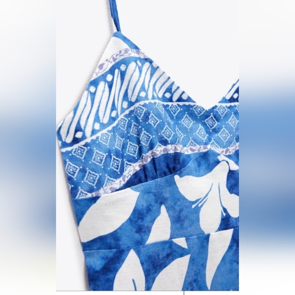 Gorgeous Summer Style ZARA Linen Midi Dress in Blue Hawaii Style Print - Picture 2 of 9
